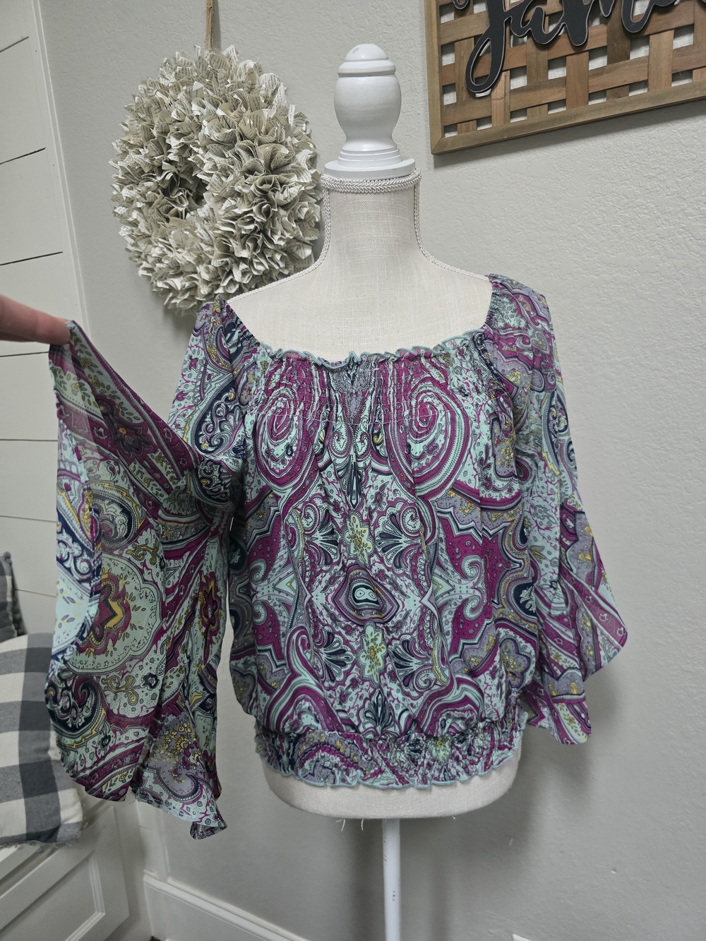 Paisley Off-Shoulder Blouse in Purple and Mint